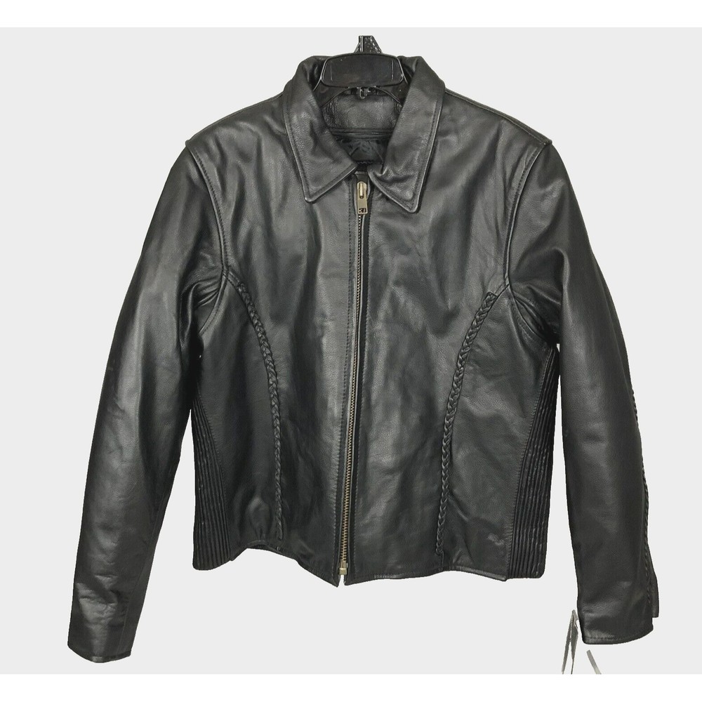 Unik Premium Womens XXL Black Leather Jacket Ribbed Sides Braided Trim Zip Front